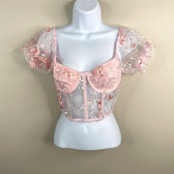 ROMWE Tops - Romwe Womens Coquette Babydoll Corset Top NWOT Small Pink Sheer Going Out Floral